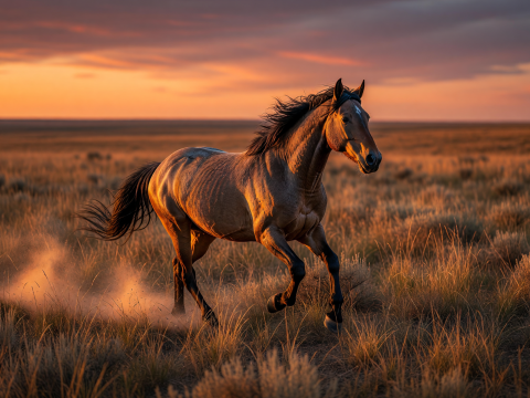 Mustang Galloping Freely at Sunset on the Prairie