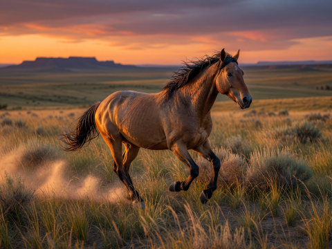 Mustang Running Across Prairie at Sunset