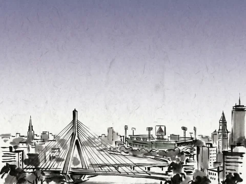 Muted Boston Cityscape with Zakim Bridge and Citgo Sign