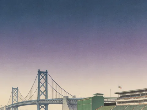 Muted Cityscape with Bridge and Stadium by the Water