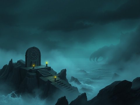 Mysterious Altar on Rocky Island in Foggy Sea