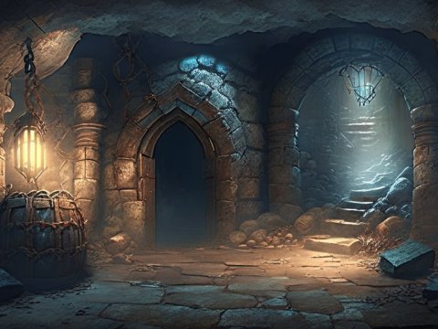 Mysterious Ancient Dungeon Interior with Stone Arches