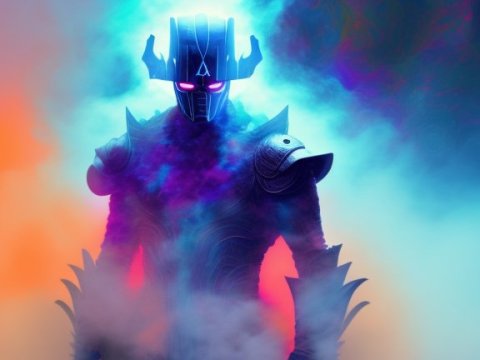 Mysterious Armored Warrior in Neon Mist