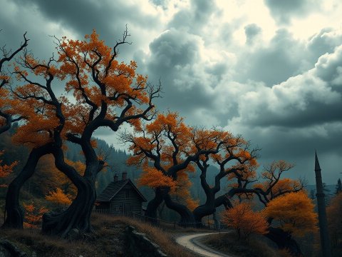 Mysterious Autumn Trees Along a Winding Path