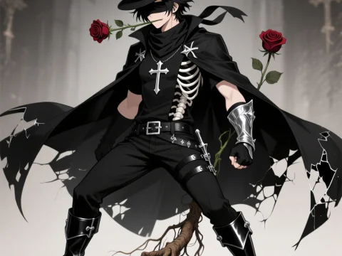 Mysterious Bandit with Roses and Skeleton Motif