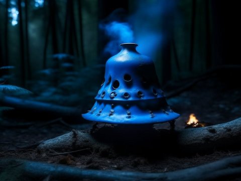 Mysterious Blue Bell-Shaped Object Emitting Smoke in Dark Forest