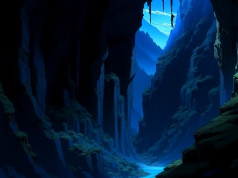 Mysterious Blue Mountain Gorge in Anime Style