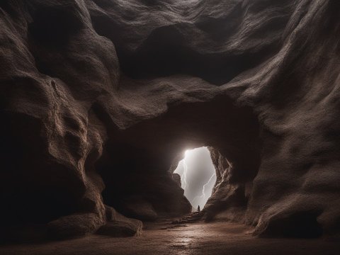 Mysterious Cave Entrance with Lightning Storm