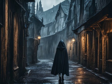 Mysterious Cloaked Figure Walking Through Rainy Medieval Street