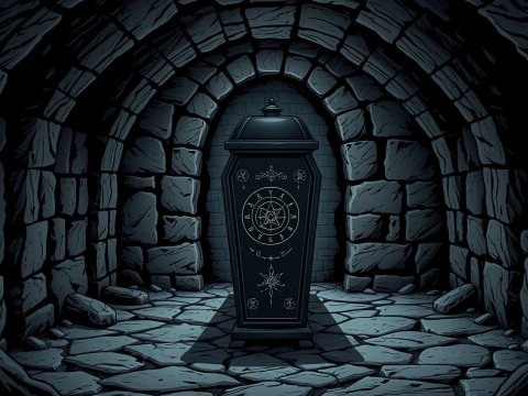 Mysterious Coffin in a Dark Stone Chamber
