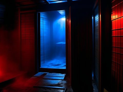 Mysterious Corridor Illuminated by Red and Blue Lights