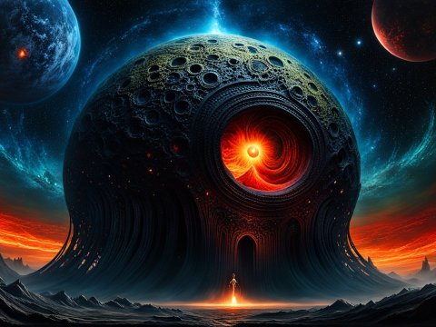 Mysterious Cosmic Monolith with Fiery Core on Alien Landscape