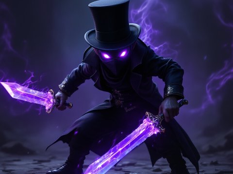 Mysterious Dark Figure with Glowing Purple Swords