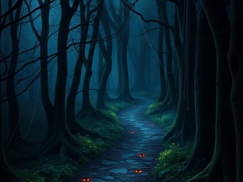 Mysterious Dark Forest Path with Glowing Eyes