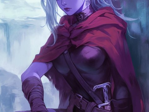 Mysterious Drow Warrior with Red Eyes and Cloak