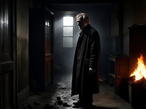 Mysterious Elderly Man in Dimly Lit Room with Fire