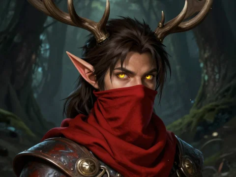 Mysterious Elf Ranger with Glowing Eyes and Antlers