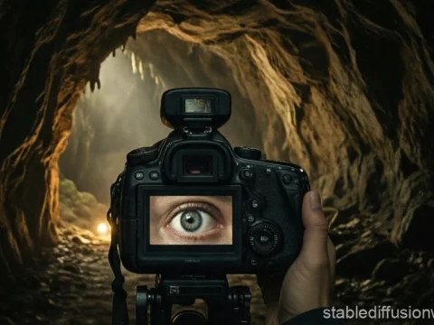 Mysterious Eye Through Camera in Cave Entrance