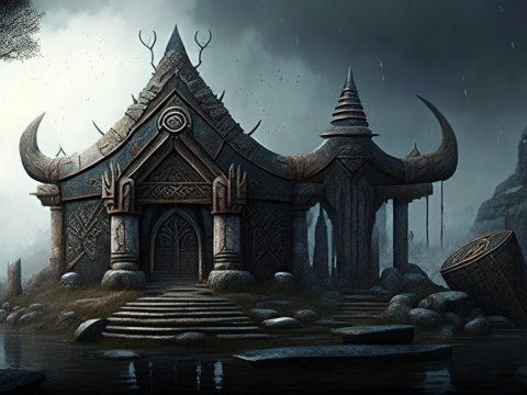Mysterious Fantasy Temple in a Stormy Landscape