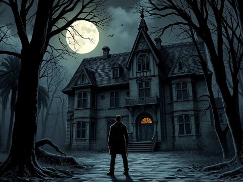 Mysterious Figure Approaches Haunted Mansion Under Full Moon