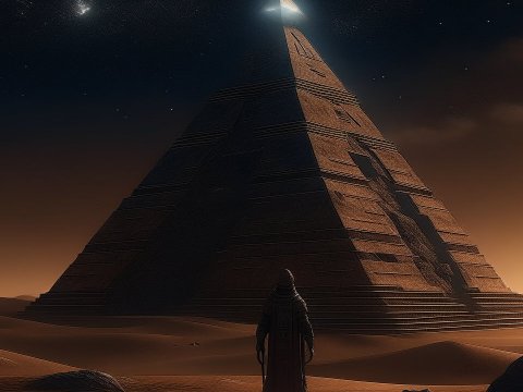 Mysterious Figure Approaching a Giant Ancient Pyramid at Night