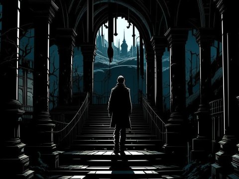 Mysterious Figure Approaching Gothic Castle at Dusk