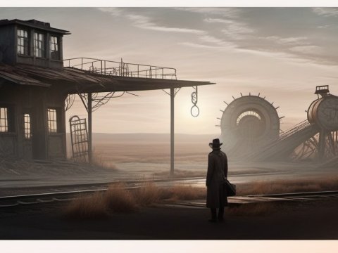 Mysterious Figure at Abandoned Industrial Site at Dusk