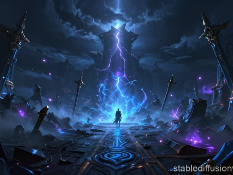 Mysterious Figure Facing Arcane Energy in Ruined Dark Fortress