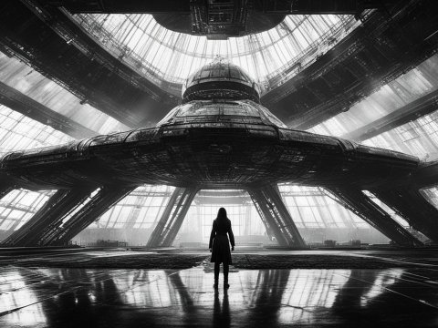 Mysterious Figure Facing Gigantic Futuristic Structure