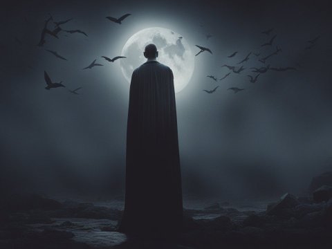 Mysterious Figure in Cape Under Full Moon with Flying Bats
