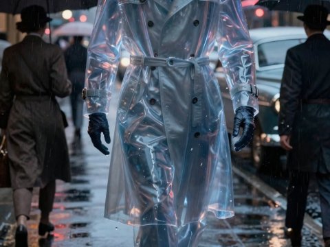 Mysterious Figure in Transparent Trench Coat on Rainy City Street
