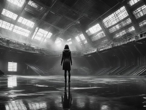 Mysterious Figure in Vast Abandoned Industrial Hall