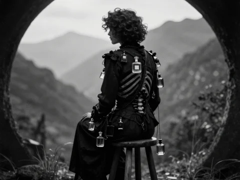 Mysterious Figure with Perfume Bottles in Mountain Tunnel