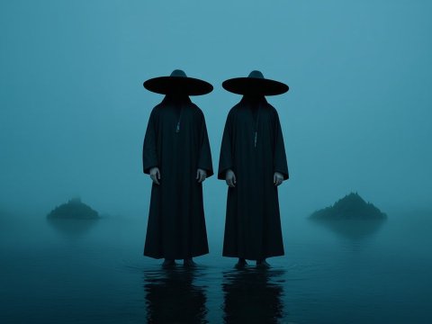 Mysterious Figures in Dark Robes Standing in Misty Water