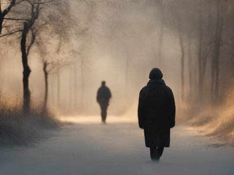 Mysterious Figures Walking Through Foggy Forest Path