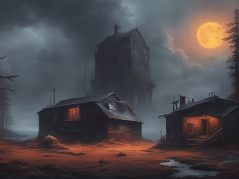 Mysterious Foggy Night with Abandoned Cabins and Full Moon