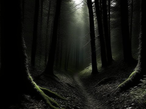 Mysterious Forest Path with Dim Light