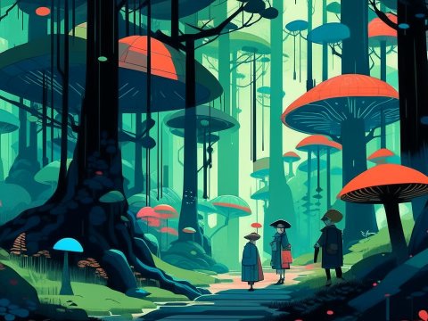 Mysterious Forest with Giant Mushrooms and Travelers