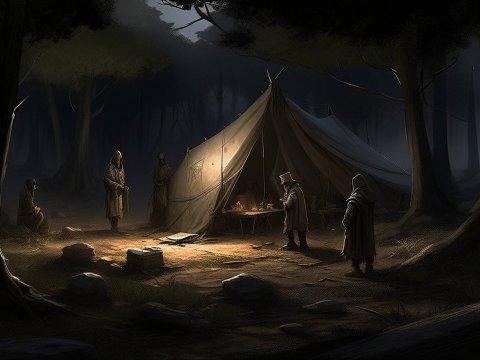 Mysterious Gathering Around a Tent in a Dark Forest