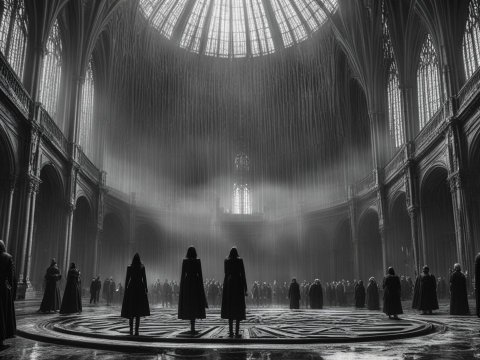 Mysterious Gathering in a Gothic Cathedral