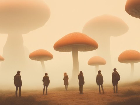 Mysterious Giant Mushrooms in Foggy Landscape