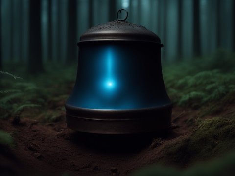 Mysterious Glowing Bell in a Dark Forest