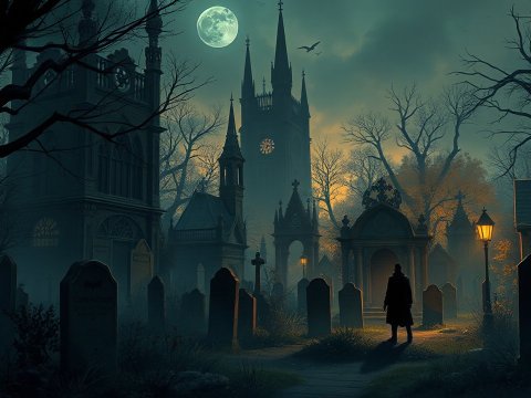 Mysterious Gothic Cemetery Under Full Moon
