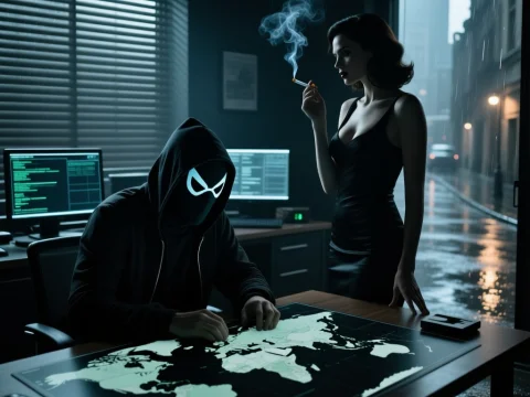 Mysterious Hacker and Woman in Dark Room with Digital World Map