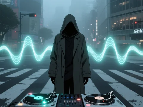 Mysterious Hooded DJ in Foggy Urban Night