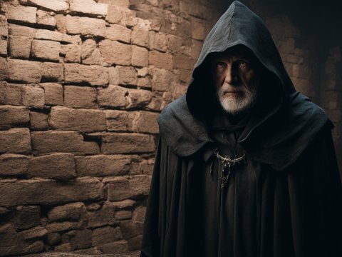 Mysterious Hooded Elder in Ancient Stone Chamber