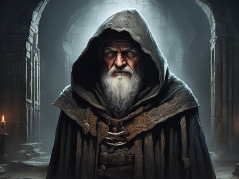 Mysterious Hooded Elder in Ancient Stone Chamber