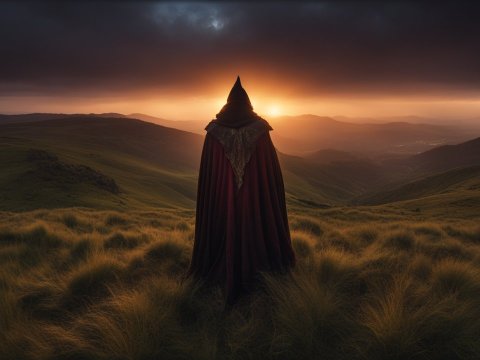Mysterious Hooded Figure at Sunset in Rolling Hills
