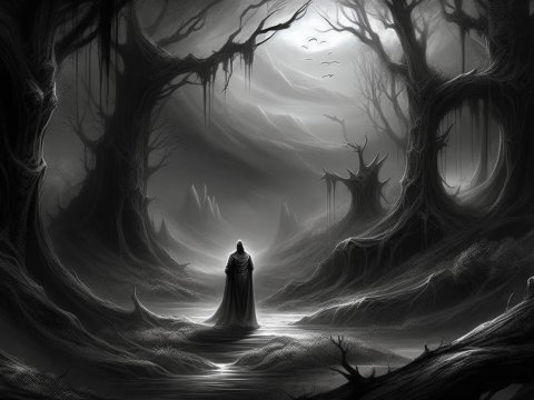 Mysterious Hooded Figure in Dark Enchanted Forest