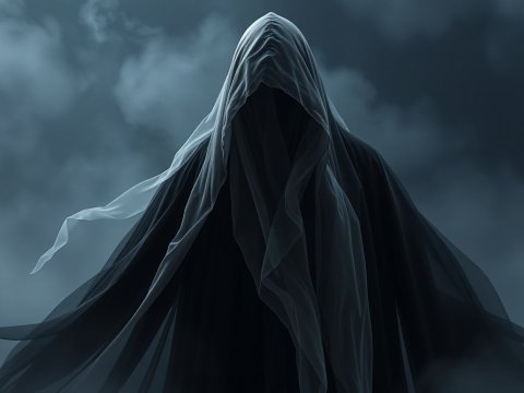 Mysterious Hooded Figure in Dark Mist